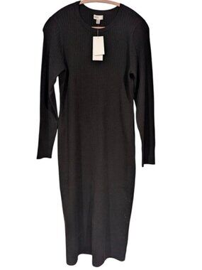 Ribbed Long Sleeve Midi Dress - Black